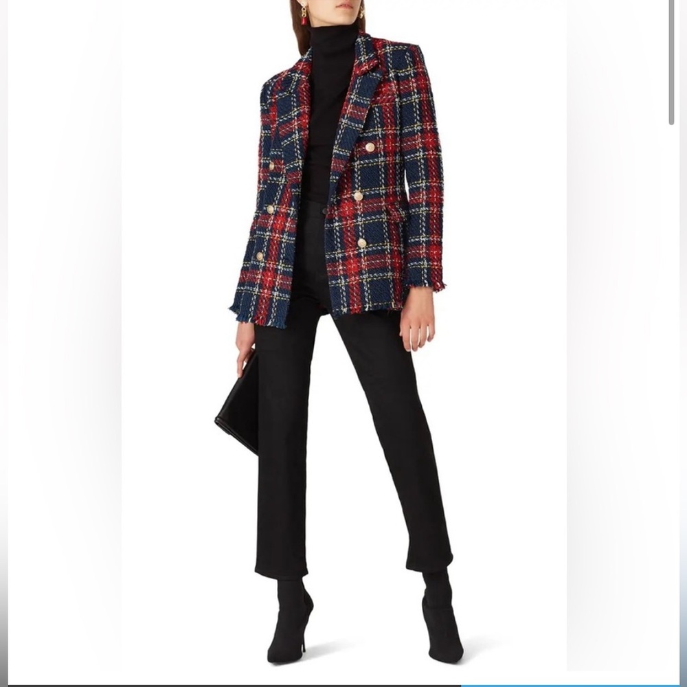 Blue Red Slim Retro Lapel Plaid Women Blazer